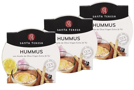 Santa Teresa Hummus con Aceite de Oliva Virgen Extra, 100% Natural, Sin Gluten, Alto Contenido en Fibra, 3x180 Gramos
