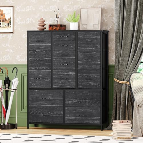 Garvee 15 Schubladen Kommode, Großer Stoffschrank mit Metallrahmen & Holzplatte, Schubladenschrank Organizer für Schlafzimmer, Wohnzimmer, Kinderzimmer & Flur, 100 x 30 x 123 cm, Deco Grau