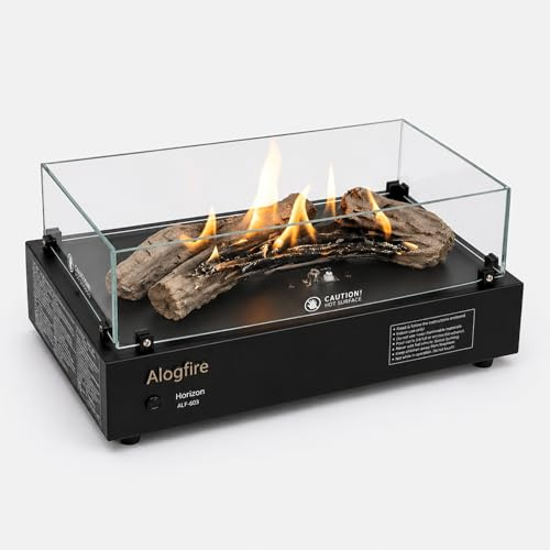 Alogfire Horizon-4S Portable Outdoor Gas Heater, 9400 BTU, Glass, Ceramic Log Flame Effect, Butane, 35.5x20x19.5cm, Camping Patio Garden