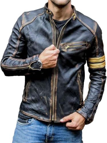 Real Lambskin Leather Jacket Men's in Cafe Racer Vintage Styling | YKK Zippers, vegetable-tanned distressed black full-grain leather, zipped sleeves and exterior pockets , 3 inner pockets