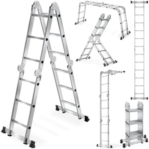 tectake® Multifunktionsstege 6-i-1, 4 x 3 steg, bärförmåga 150 kg, räfflad fotplatta, hopfällbar, multifunktionell stege, allsidig stege, multifunktionell trappstege, stegar - silver