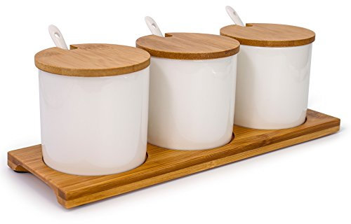 Lucky Goddness June Sky - Recipientes de cerámica para almacenamiento de alimentos con tapa de bambú, tarro de porcelana de diseño moderno, recipiente perfecto para azucarero, servir té, café,