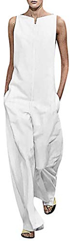 OverDose Soldes Combinaison en Lin Pantalon Large de Travail sans Manches Femme, Été Mode Chic Jumpsuit Blanche Noire