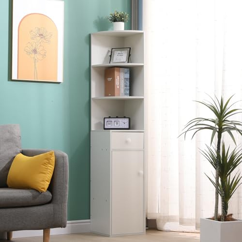 Menaka Tall Slim Corner Cabinet Bookcase with Door and 3 Shelves for Living Room Bedroom Bathroom, White Wood Unit Storage Display Shelving Cupboard Cabinet for Small Narrow Space