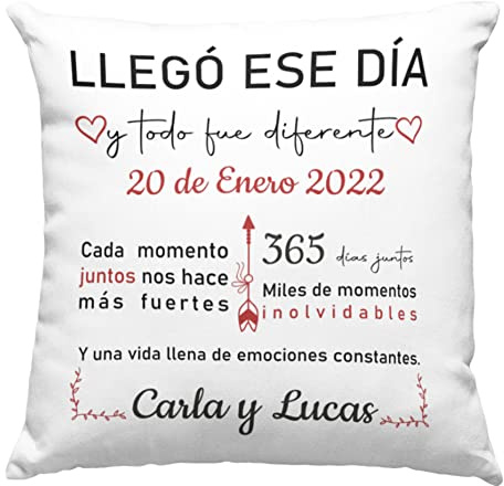 Worfull Regalos Cojín Personalizado para Pareja con Fecha y Frases Frente y Dorso de 40x40 cm. Regalo Original San Valentín, Parejas, Novios, Aniversarios, Navidad