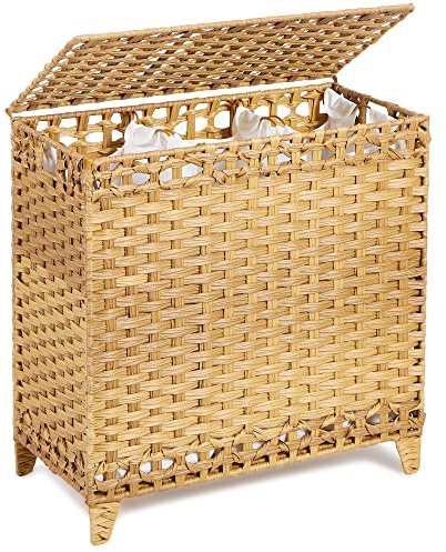 Laundry Hamper with 3 Removable Liner Bags; 132L Handwoven Rattan Laundry Basket with Lid & Heightened Feet; Clothes Hamper with Side Handles; Laundry Sorter with 3 Separate Sections