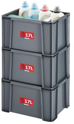 Sundis 3er set MASTER BOX, 17L - Modular und stapelbar - Anthrazitgrau, Grau | Recyceltem Kunststoff, stapelbar und kombinierbar, ergonomische Griffe, ideal für Werkstatt, Heimwerker, Transport