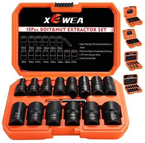 XEWEA 15PCS 1/2 Drive Lug Nut Removal Tools, Striped Wheel Lock Removal Kit Easy Out Twist Socket Extractor Set for Damaged, Frozen, Rusted, Rounded-Off Bolts Nuts & Screws
