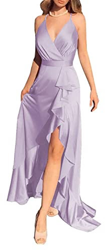 HPPEE Vestidos de fiesta de boda para mujer, tirantes delgados, volantes y cuello en V, vestidos de fiesta de noche, Lila, 38