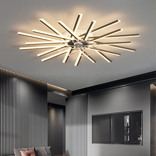 LJX Plafonnier Ventilateur Design avec Telecommande APP Controle Réversible DC Grand Lustre Ventilateur de Plafond Dimmable 6 Vitesse Ventilo Plafond Silencieux pour Salon Chambre, Noir, 100cm