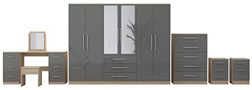 Unique Furnishings High Gloss Grey 6 Door Bedroom Furniture Set – Large Wardrobe with 6 Doors, Double Dresser Chest, 2 Bedside Tables, Modern Storage Set