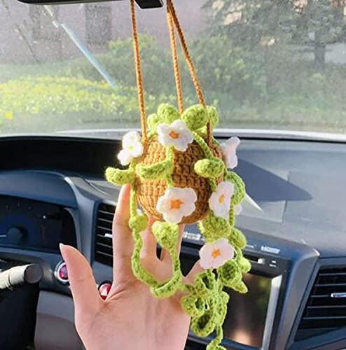 Crochet Hanging Plant for Car, Cute Car Plant Accessories, Knitted Plant Car Mirror Hanger, Boho Car Plant Crochet Hanging Basket (D)