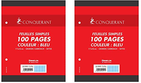 CONQUÉRANT Set di 2 fogli singoli, 17 x 22 cm, 100 pagine, 80 g, grandi piastrelle con pellicola blu
