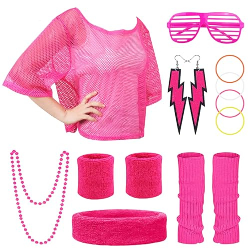 80er Jahre Outfit Damen 14PCS 90er Mottoparty Accessoires Neon Kleidung Kostüm Netzshirt Damen 80er Stirnband Brille Halskette Armband Ohrringe für Retro Thema Party Karneval Fasching Mädchen Frauen