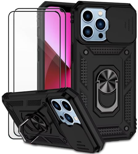 Dechyi für iPhone 13 Pro Hülle mit Panzerglas Schutzfolie Schutzhülle mit Kameraschieber Case 360° Drehbarer Militä Ständer Stoßfest Cover-Schwarz