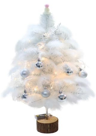 Uposao Künstlicher Weihnachtsbaum mit Beleuchtung Kleiner Christbaum Beleuchtet Modellbäume Weiß Feder Baum Weihnachtsschmuck Desktop mit Weihnachtskugeln LED Lichterkette Zimmer Dekoration 45CM