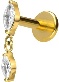 PIERCINGLINE Titan Labret mit Push Fit 2 KRISTALLTROPFEN Piercing Nase Ohr Lippe Conch Tragus Medusa 1,2 x 8 Goldfarben