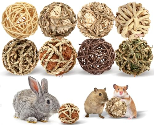 VESPRO Bunny Chew Grass Balls, Rolling Chew Toys for Small Animals, Natural Chew Grass Toys and Bunny Treats for Rabbits, Guinea Pigs, Chinchillas, Hamsters, Mice Teeth Grinding (8 Pcs)