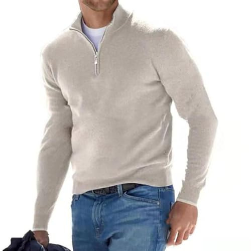 BAWUTZ Herren Kaschmir Reißverschluss Basic Pullover, Herren-Poloshirt, klassisch,Herren-Pullover mit V-Halsausschnitt, langärmelig, weicher Griff, Viertelreißverschluss (Cremefarben,XL)