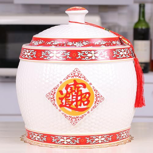 Sions Chinese Retro Ceramic Rice Bucket, Grain Dispenser, Food Storage Container with Lid, Sealed Rice Storage Jar, Suitable for Rice Noodles, Snacks,12.5kg
