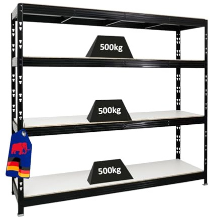 PROREGAL Profi Schwerlastregal Rhino EXTRA BREIT schwarz HxBxT 180x200x60cm Fachlast 500kg 4X Melamin-Ebenen 16mm Garagenregal, Lagerregal, Steckregal, Weitspannregal