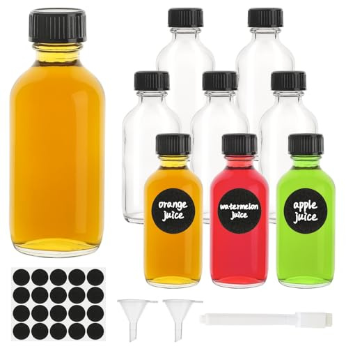Weysoo 8 Shot 60ml Mini Glasflaschen zum Befüllen mit Deckel | Ingwer Shot Flaschen mit Trichter, Etiketten & Stift, für Saft, Whiskey, Likör, Öle