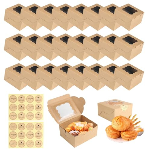 24PCS Cardboard Cake Boxes, 4 inch Cupcake Boxes with Windows and 24 Stickers Paper Bakery Cake Box for Cupcakes Desserts Pastries Cookies Candy Pies Muffin Bakery Macaron Gifts (Brown)