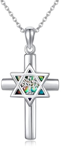 DAYLINLOVE Cross Star of David Necklace S925 Sterling Silver Abalone Shell Tree of Life Necklaces Star of David Pendant Christian Religious Jewelry Gifts for Women Men