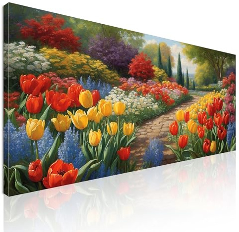 CheQuadro! Quadro lungo moderno, decorazione soggiorno orizzontale, Giardino Fiorito con Sentiero tra Tulipani Colorati, su tela, intelaiato pronto da appendere bow17-105x50 cm