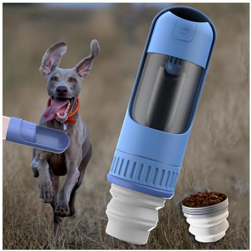 Gourde Chien Promenade, 350ML Bouteille d'eau avec 150g Récipient de Nourriture Pliable Gourde Chien Bouteille d'eau pour Chien aux Chiot Chats Accessoires pour Chien,Blue