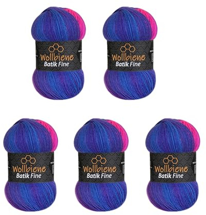 5 x 100g Wollbiene Batik Fine 500 Gramm Wolle mit Farbverlauf mehrfarbig Multicolor Strickwolle Häkelwolle (1530 lila blau neonpink)