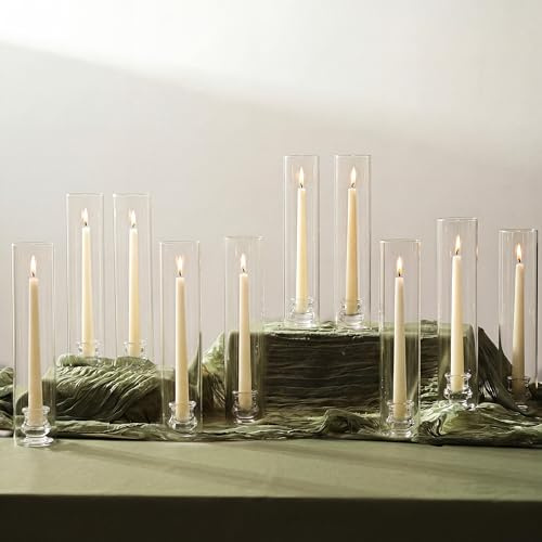 NUPTIO Candlestick Holder Bulk for Centerpiece: Set of 10 Hurricane Glass Taper Candles Holder - Clear Candle Stick Stand with Tall Cylinder Shade for Fall Thanksgiving Christmas Party Decor