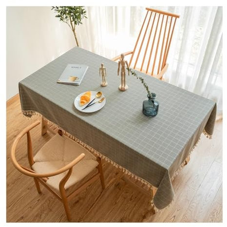 Tablecloth Grau, Baumwollleinen Tischdecke Stickerei Kleines Karo Tischdecke Abwaschbar Rechteck 140x300CM