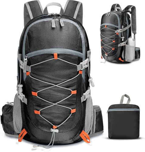 ZOMAKE Wanderrucksack Faltbarer Damen 35 L Leichter Rucksack Wasserdicht Trekkingrucksack mit Hüftgurt Reiserucksack Herren für Radfahren Camping(Schwarz)
