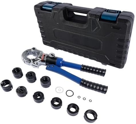 360° Hydraulisches Krimptool für Kupferrohre (12, 15, 18, 22, 28 mm) und PEX-AL-PEX Rohre (16, 20, 26, 32 mm) - Mit 9 Krimmzangen-Sätzen (V12, V15, V18, V22, V28, TH16, TH20, TH26, TH32)