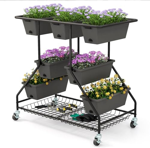 GOPLUS Jardinière Surélevée Verticale à 3 Niveaux, Lit de Jardin Surélevé avec 7 Bacs à Fleurs, Trous de Drainage, 4 roulettes Universelles, Etagère en Maille, Parfait pour Légumes, Herbes, Fleurs