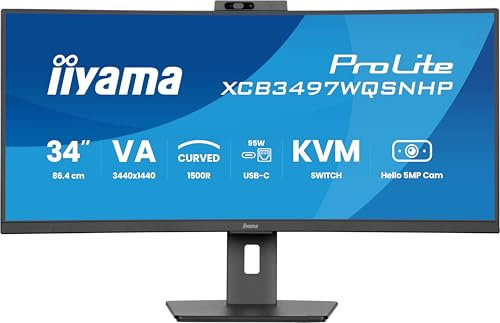 iiyama Prolite XCB3497WQSNPH-B1 Écran LED incurvé 1500R VA 34 UWQHD HDMI DP-in/Out DaisyChain USB 3.2 USB-C Dock 95 W RJ45 (LAN) KVM Réglage de la Hauteur Synchronisation adaptative Windows Hello