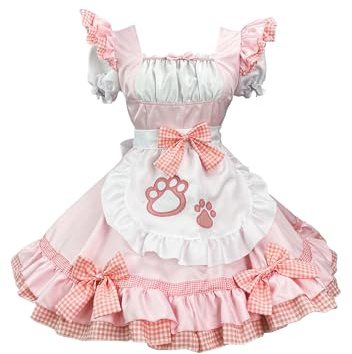 OMZIN Femme Kawaii Manches Courtes Mini A Line Robe avec Tablier De Servante Cosplay Costume Lolita Robe avec Collier Chat Chat Rose S