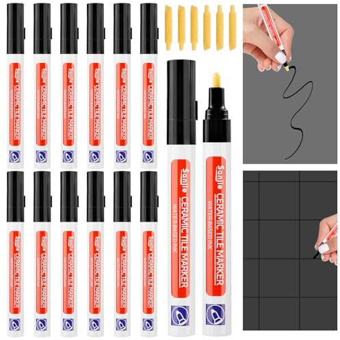 Sinofort Rotulador de lechada negro, 12 unidades para azulejos de baño, marcador con punta de repuesto, bolígrafo de lechada de azulejos, para restaurar azulejos, lechada, pared, suelo, baño, cocina y