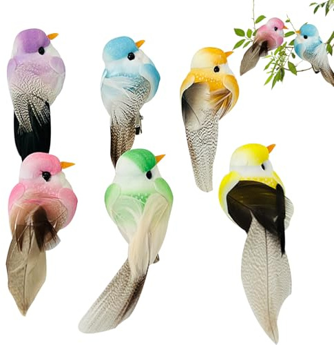BSITSSS 6 PCS Artificial Birds Multicoloured Bird Ornaments for Garden, Colourful Feather Bird Clip Christmas Holiday Hat Decorations Simulated Birds (5 x 3 x 3cm)