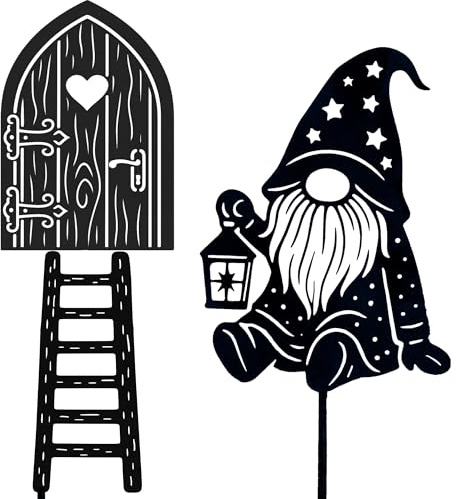 KRONLY Puerta de gnoble con escalera y duende con farol, juego de 3 piezas para jardín y Navidad, figura decorativa de metal resistente a la intemperie, puerta de hadas con gnomo