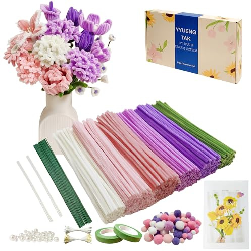 YYUENG TAK 500 piezas Limpiapipas Manualidades Rosa y Morado,Set de Limpiapipas Flores, con Instrucciones y varios accesorios, para Regalos Artesanales y Decoración del Hogar,Pipe Cleaner Flower kit