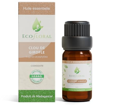 Ecofloral Huile Essentielle Clou de Girofle de Madagascar - 100% Pure et Naturelle HEBBD Sans Aucun Ajout - Antibactérienne, Tonique Digestif, Relaxante - Idéale pour Diffusion et Massage - 10 ml