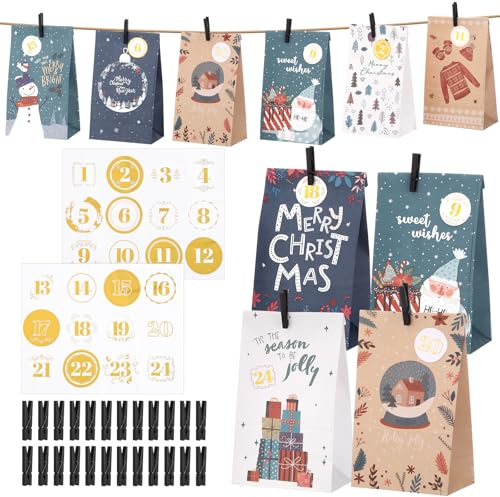 woric DIY Advent Calendar, 24 Christmas Paper Bags with Number Stickers 1-24 & Wooden Clips Make Your Own Advent Calendar 2025