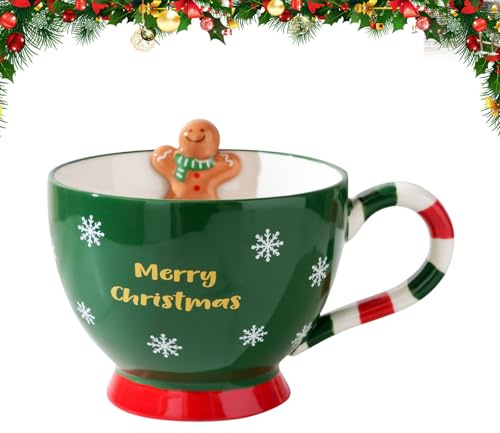 Weihnachten Kaffeetasse, 500ml Weihnachten Keramik Kaffeetasse Tee Tasse Milch Tasse mit Griff, 3D Muster Cute Xmas Couple Cup für Geburtstag Xmas Mädchen Jungen Geschenke (Grün)