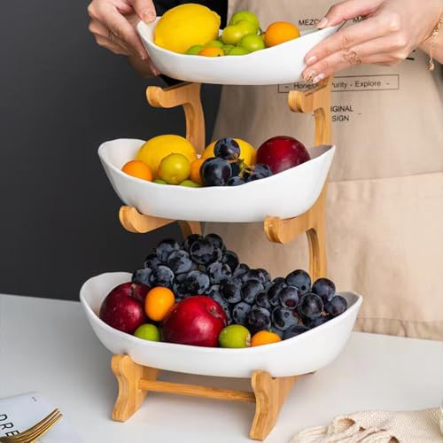 CHZIMADE 3 Tiered Fruit Bowl Basket with Wooden Stand Serving Plates Baskets for Fruit Vegetable Storage Kitchen Counter