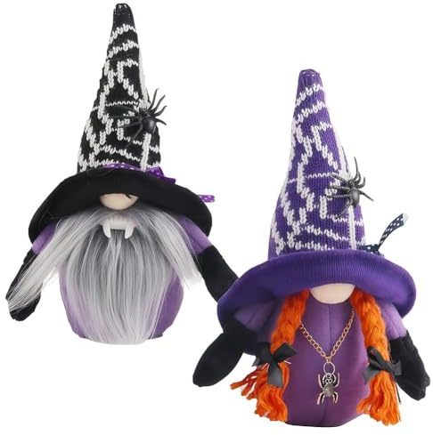 GVMJHYK 2 Stück Halloween Wichtel Deko Gesichtslose Plüschpuppen für Halloween Niedliche Zwerg Figuren mit Hut & Spinne Dekoration für Zuhause, Kamin & Tisch