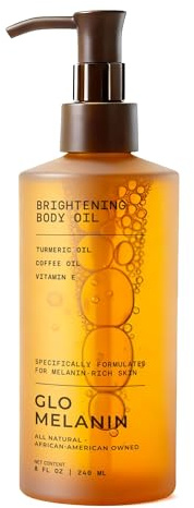 Glo Melanin Brightening Body Oil – Topical Moisturizer with Vitamin C, Kojic Acid & Turmeric – Lightweight Hydrating Cosmetic Oil for Melanin-Rich Skin (8 oz / 230 ml)