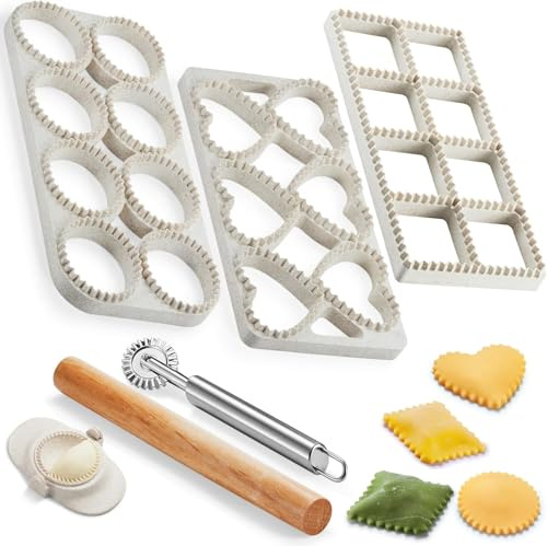 Ravioli Cutters & Mould Set, 7-Piece Ravioli Maker, Round, Heart & Square | Ravioli press kit with round, heart and square moulds, rolling pin, pasta cutter, dumpling maker, round cutter and brush.
