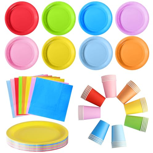 ZblPyro Colorida vajilla cumpleaños para 40 invitados con 40 platos carton redondos 18cm, vasos de papel y servilletas. Ideal para fiestas infantiles y cumpleaños.